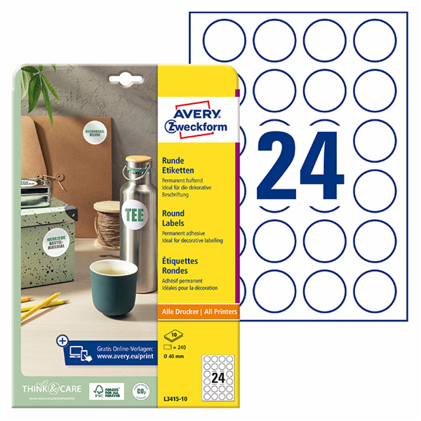 Štítky AVERY Avery Zweckform 40 mm, A4, bílé, 24 štítků, ...
