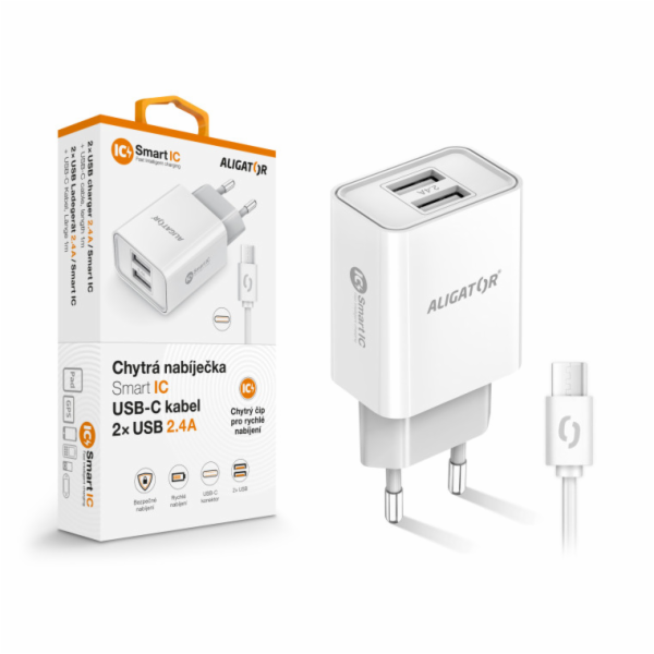 Chytrá síťová nabíječka ALIGATOR 2,4A, 2xUSB, smart IC, b...