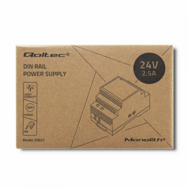Qoltec Napájecí zdroj na DIN lištu 60W | 24V | 2,5A | Šedá