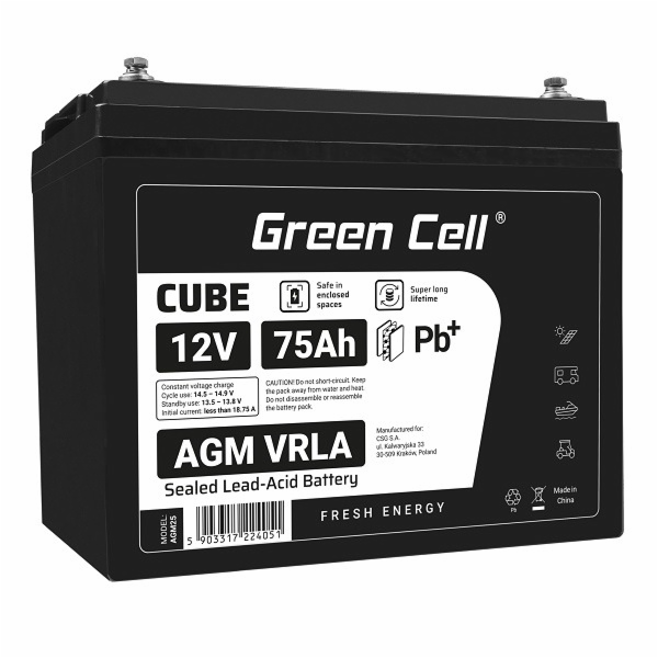Green Cell CUBE AGM IP54 12V 75Ah VRLA Battery Gel deep c...