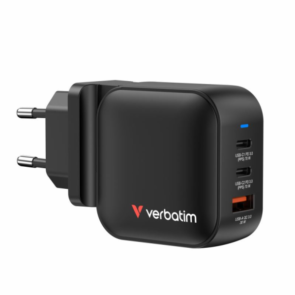 Verbatim Mini GaN Charger 70W 2xUSB-C PD, 1xUSB-A QC 3.0 ...