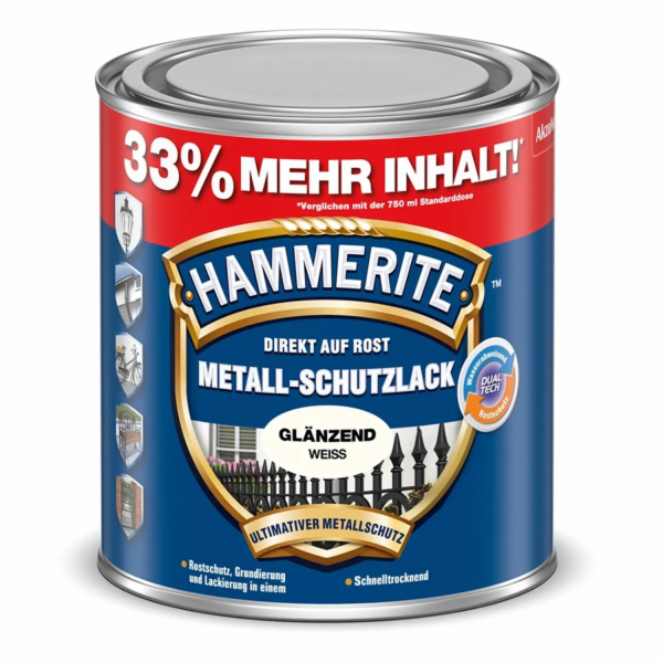 Ochranná barva na kov Hammerite, lesklá bílá, 1 litr
