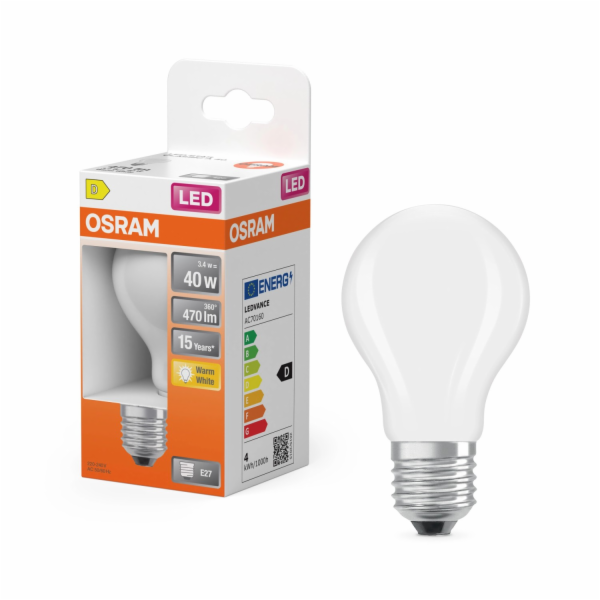 Žárovka Osram LED E27, tvar žárovky, 3,4 W, 470 lm, teplá...