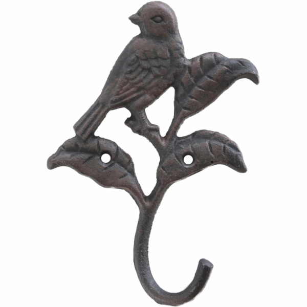 Nástěnný věšák ptáček z litiny v tmavě hnědé barvě 17,5 cm