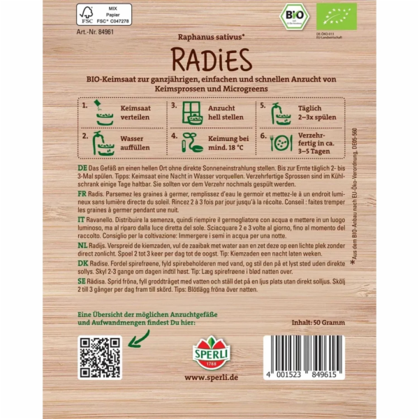 Semena organických klíčků Sperli "Radies" (Raphanus sativus)