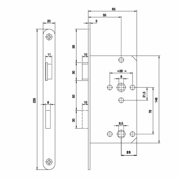 Zámek WC, falcovaný, DIN levý, stříbrný lak