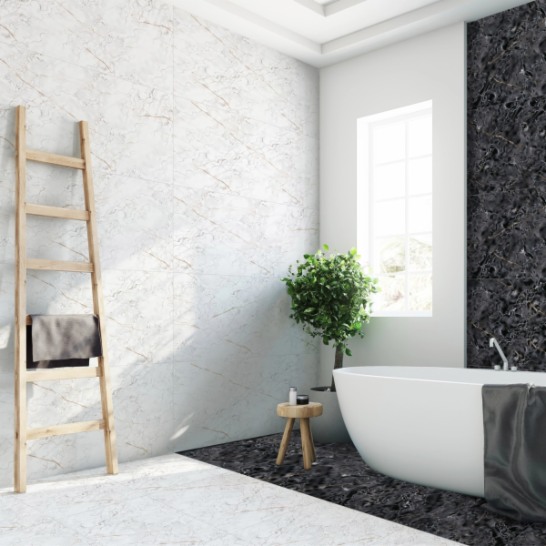 Vlnitá dlažba, porcelánová kamenina, mramor, bílá, glazov...