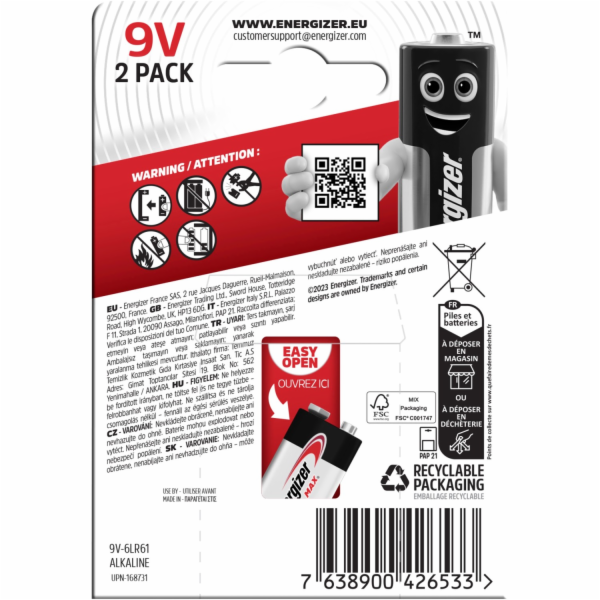 Energizer Alkalické baterie Max 9V E-Block, 2 kusy