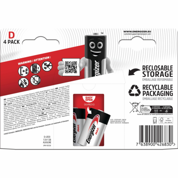 Energizer Alkalické baterie Max D Mono, 4 ks