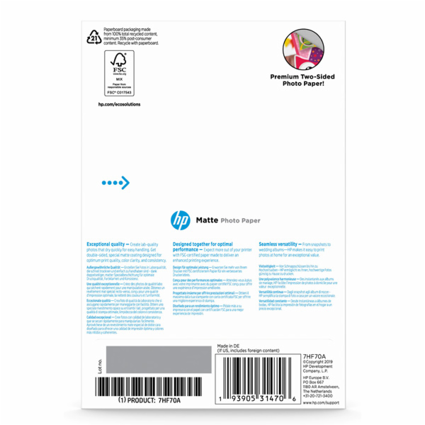 HP Matte FSC, Paper, Matte, White, 180 G/M2, PCS., 7HF70A