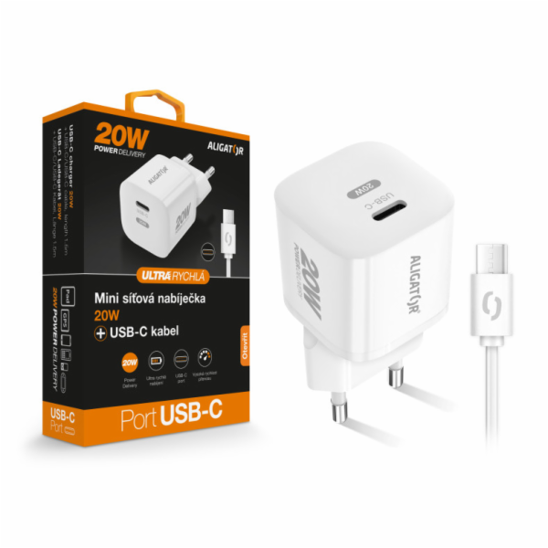 Chytrá síťová mini nabíječka ALIGATOR Power Delivery 20W,...