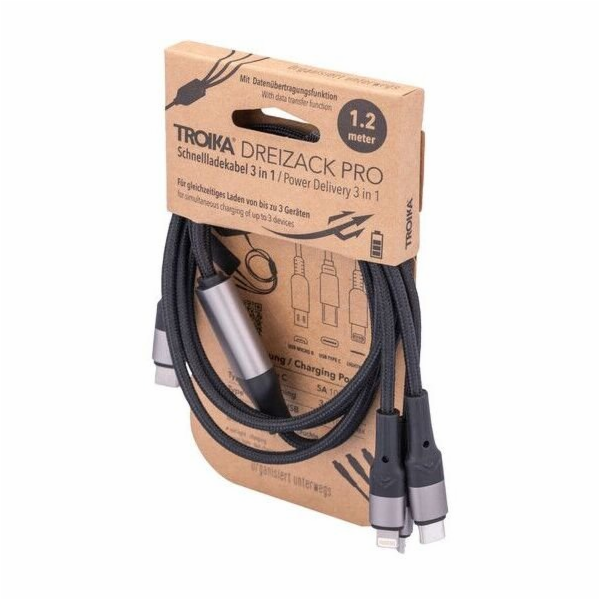 Troika Nabíjecí kabel USB Trident Pro, 1,2 m, 3 v 1, černý