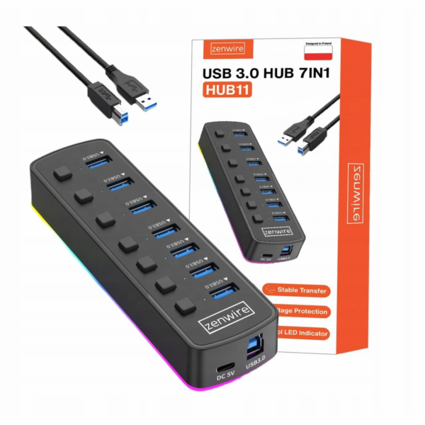 Zenwire HUB 7x USB 3.0 Aktivní 7v1 portový rozbočovač USB...