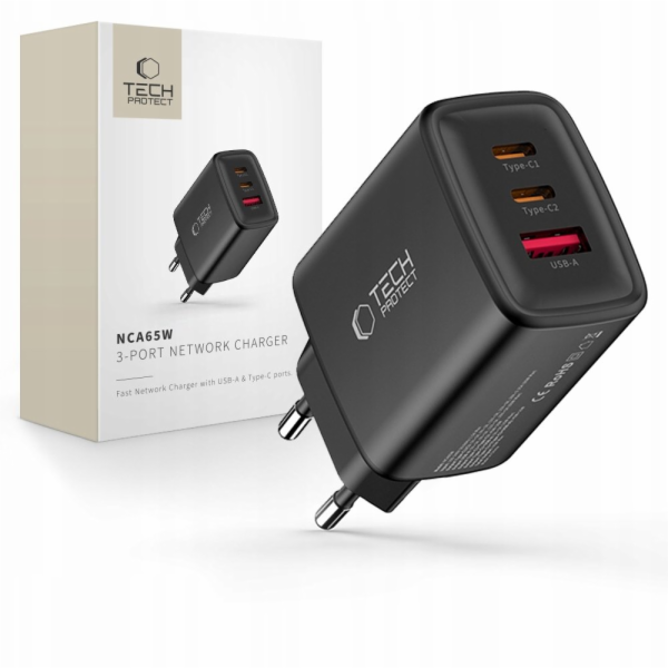 Tech-Protect Síťová nabíječka NCA65W-GAN USB-A, 2xUSB-C P...