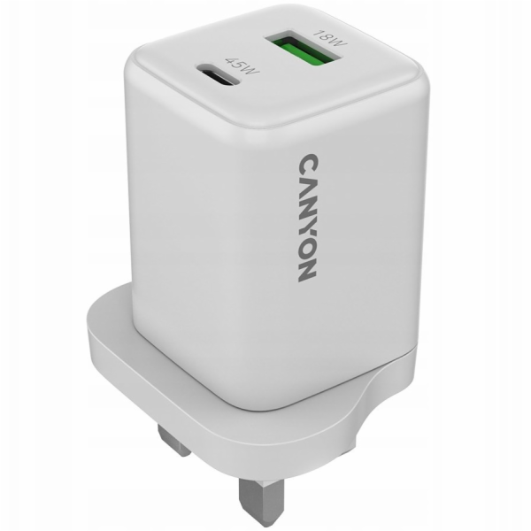 Canyon CU45AC GaN 45W 1xPD 1xQC UK nástěnná nabíječka bílá