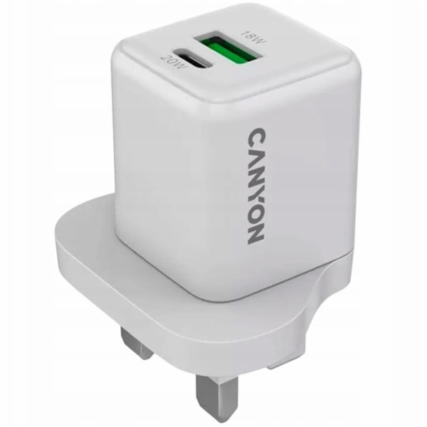 Canyon CU20AC GaN 20W 1xPD 1xQC UK nástěnná nabíječka bílá