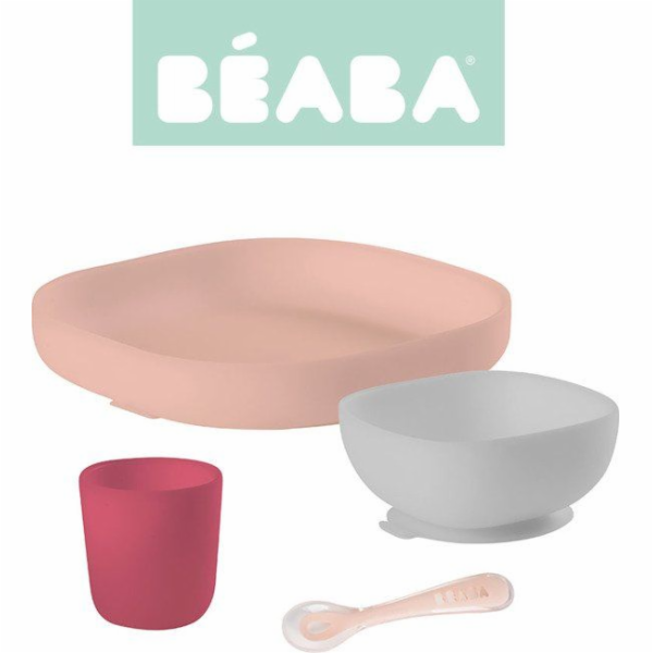 BEABA Sada silikonového nádobí s přísavkou, růžová
