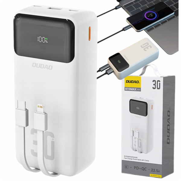 Dudao Powerbanka K15Max 30000mAh PD 22,5W s kabely USB-C ...