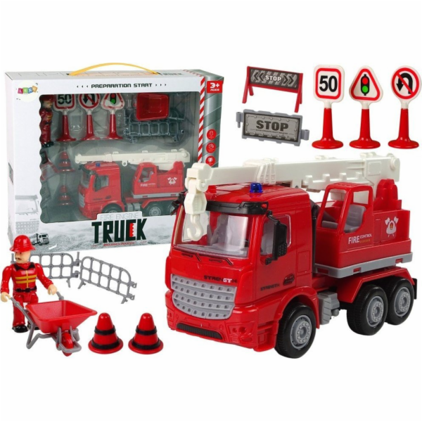LeanToys Sada hasičů s jeřábem a dopravními značkami