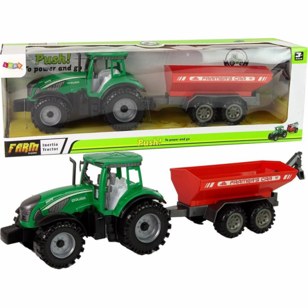 LeanToys Zelený traktor s červeným třecím pohonem přívěsu