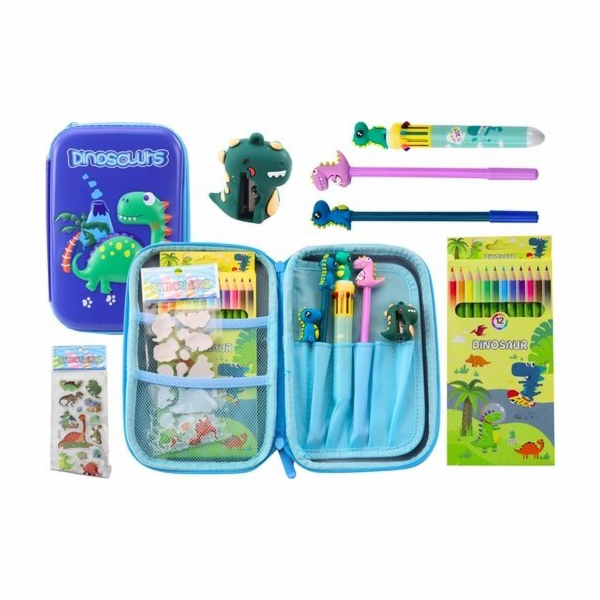 LeanToys Školní penál s dinosauřími doplňky modrý