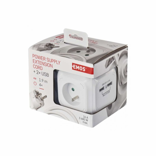 Prodlužovací kabel - kostka 1,9m / 4 zásuvky / bílý / PVC...
