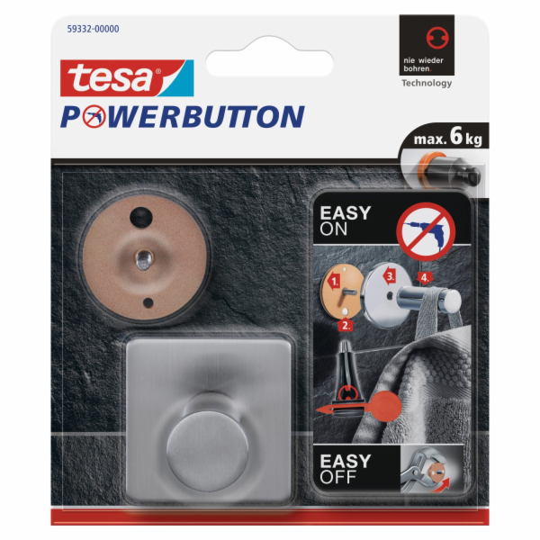 Tesa Powerbutton Hook Classic z nerezové oceli, čtvercový