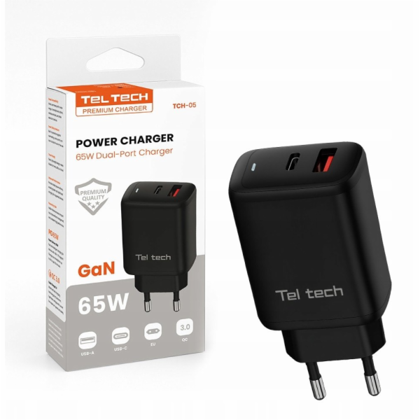 Teltech Nabíječka GaN USB / Type-C 65W QC PD černá TCH-05