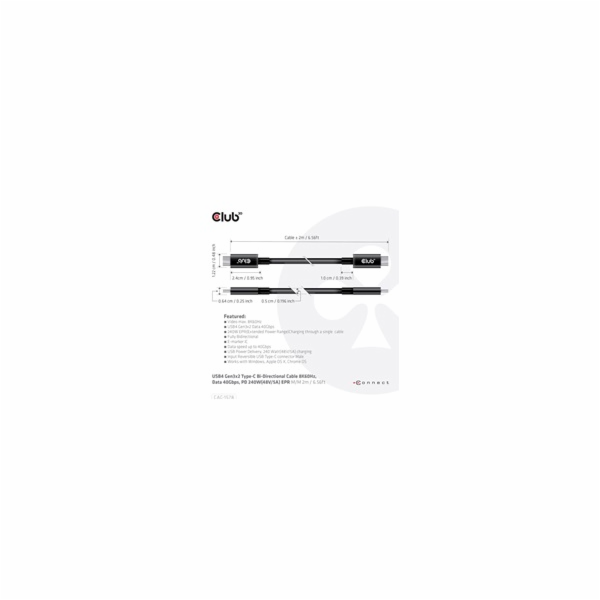 Club3D Kabel USB4 Gen3x2 Type-C Oboustranný kabel 8K60Hz,...
