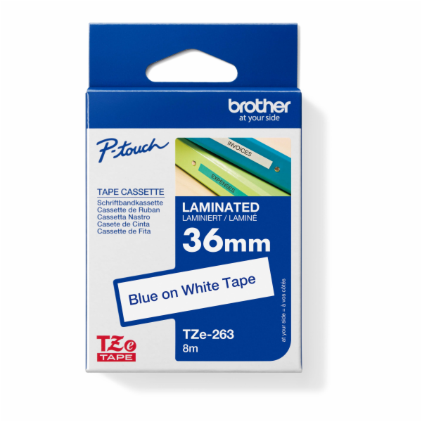 Brother - TZe-263, bílá / modrá (36mm, laminovaná)