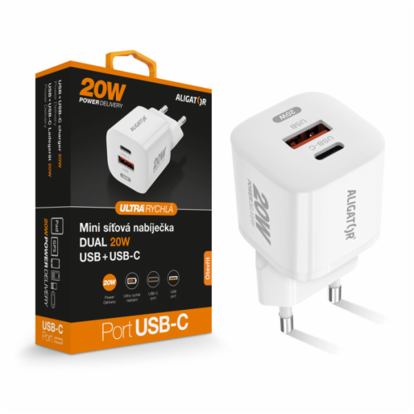 Chytrá síťová mini nabíječka ALIGATOR Power Delivery 20W,...