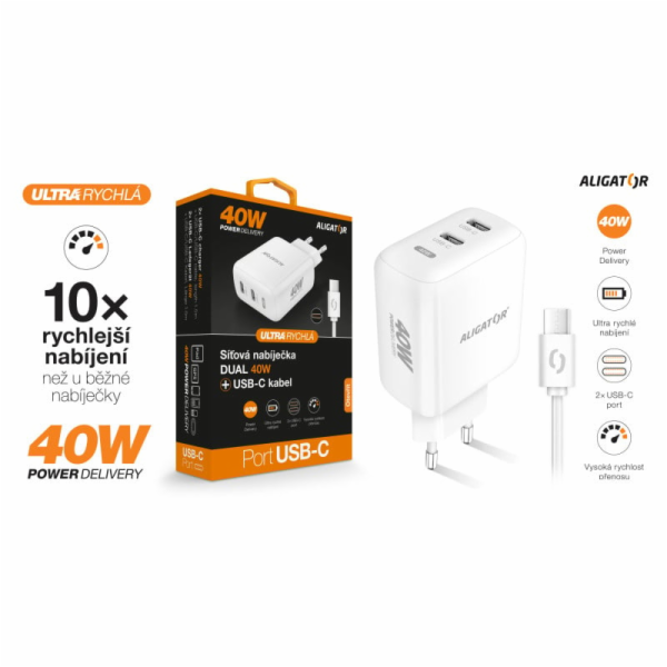 Chytrá síťová nabíječka ALIGATOR Power Delivery 40W, 2xUS...