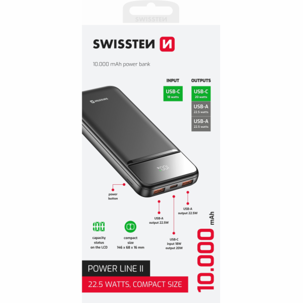 Swissten Power bank 10000 mAh POWER LINE II - černá