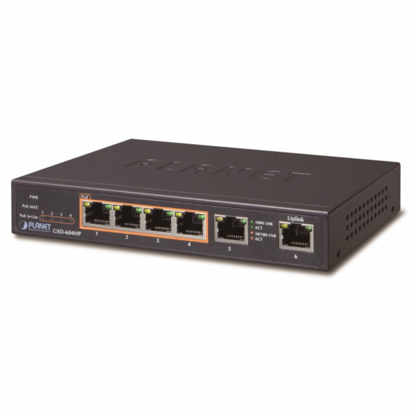 Planet GSD-604HP PoE switch 1Gbps, 6xTP, 4xPoE 802.3at/af...