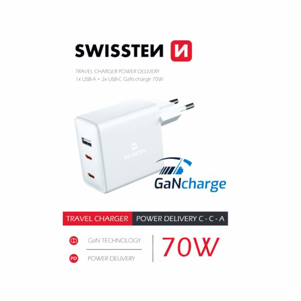 Swissten Síťový Adaptér GaN 2x USB-C + 1x USB 70W PD Bilý