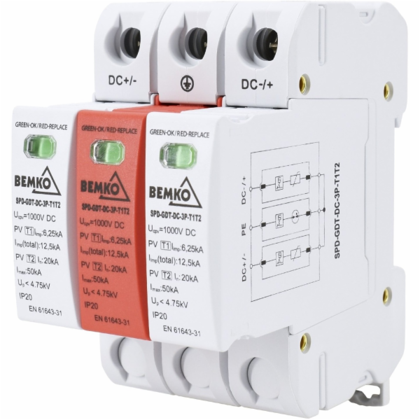 Bemko Svodič přepětí 3P 12,5 kA DC 1000 V TŘÍDA T1+T2 s p...