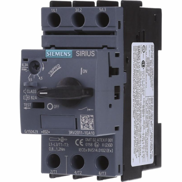 Siemens Motorový jistič 3P 2,2 kW 4,5-6,3 A S00 (3RV2011-...