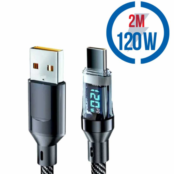 MEGATECH Kábel USB-A/USB-C, Displ, 120W, 2m, č