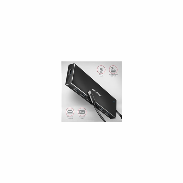AXAGON HUE-F7C, 7x USB 3.2 Gen 1 ALU FLAT CHARGING hub, m...