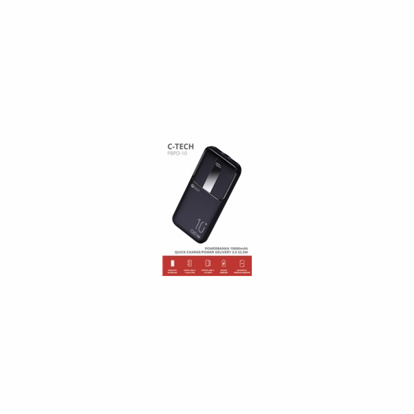 Powerbanka C-tech 10000mAh, Li-Pol, 22,5W, USB-C/USB-A/mi...