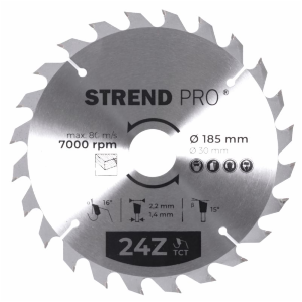 Strend Pro TCT 185x2,2x30/20 mm 24Z, pilový kotouč na dře...