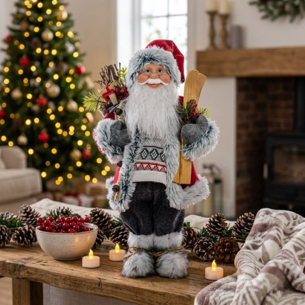 MagicHome Vánoční dekorace, Santa s lyžemi a dřevem, 60 cm