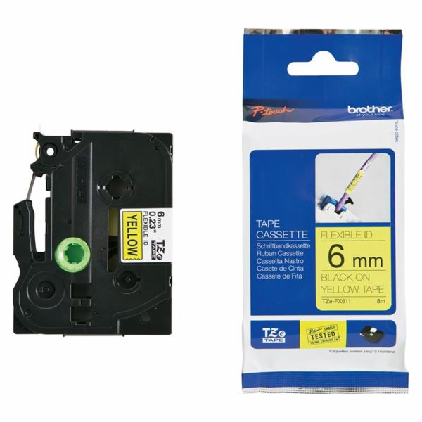 Brother TZe-FX611 (6 mm, černý na žlutém podkladu)