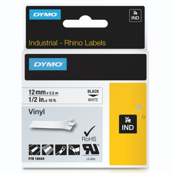 Dymo Rhino Band IND, Vinyl 12 mm x 5,5 m cerna na bile