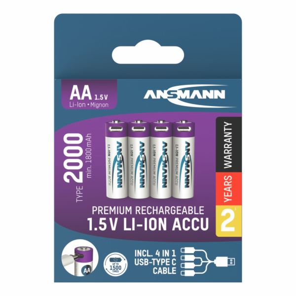 1x4 Ansmann Lithium Akku Mignon AA 1800mAh + Ladekabel 13...