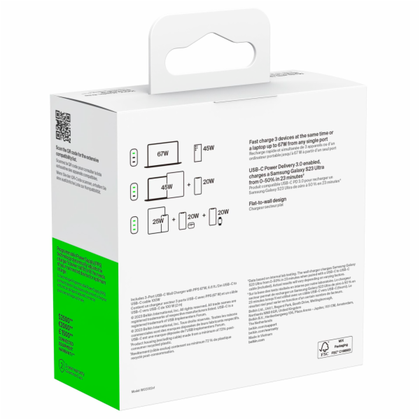 Belkin BOOST Charge USB-C 67W  3xUSB-C + Cable WCC002vf2M...