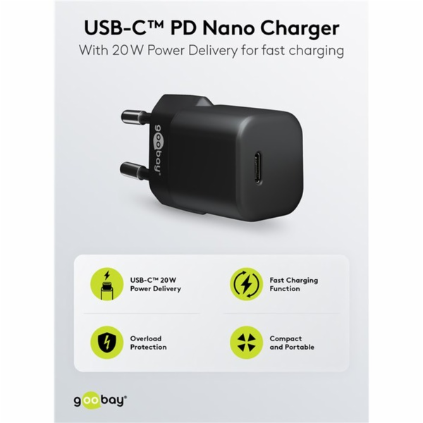 Goobay USB-C rychlonabíječka Nano, PD, GaN, 20 Wattů (čer...