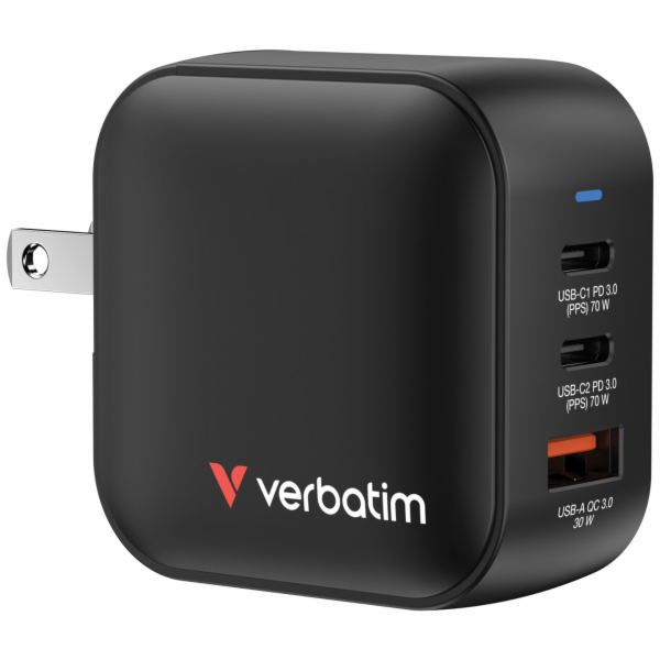 Verbatim Mini GaN Charger 70W  2xUSB-C PD, 1xUSB-A QC 3.0...