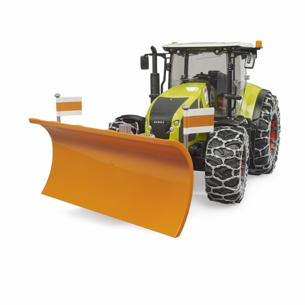 Bruder Claas Axion 950 se sněhovými řetězy a radlicí pluh...