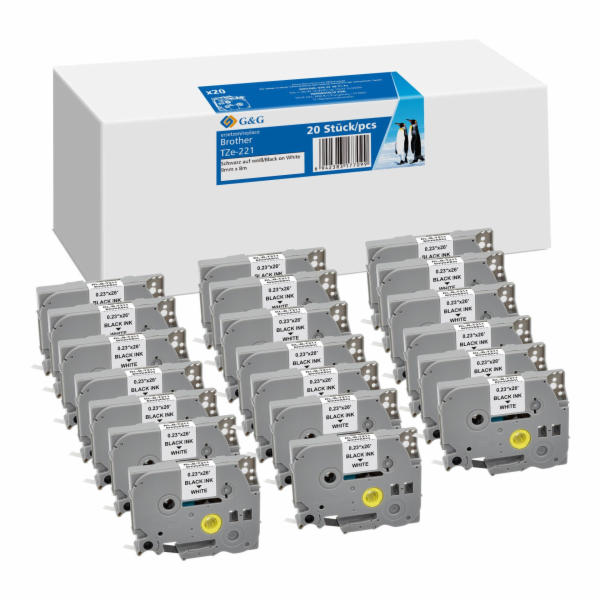 20x G&amp;G Schriftband 9mm x 8m sw-  ws komp. m. Brother...
